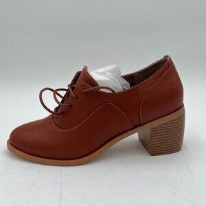 Brown Women Lace Up Oxford Pumps Chunky Block Mid Heel Classic Round Toe Shoes